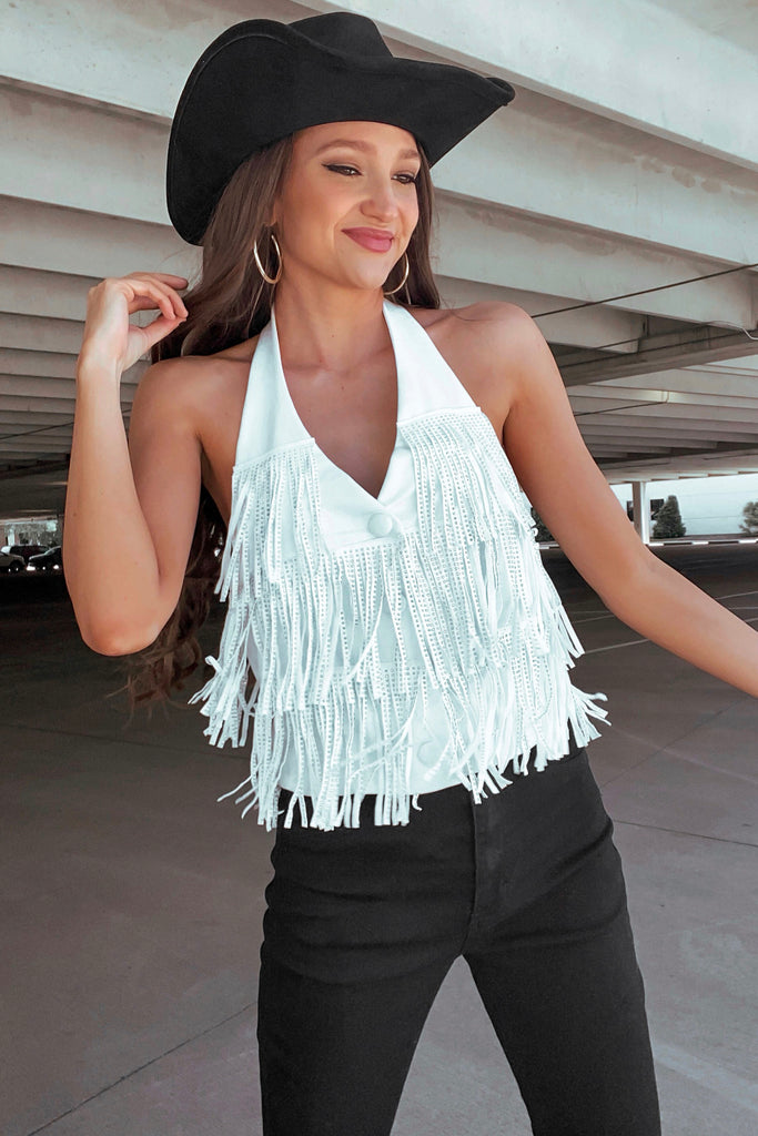 Kayden Fringe Halter Top -White