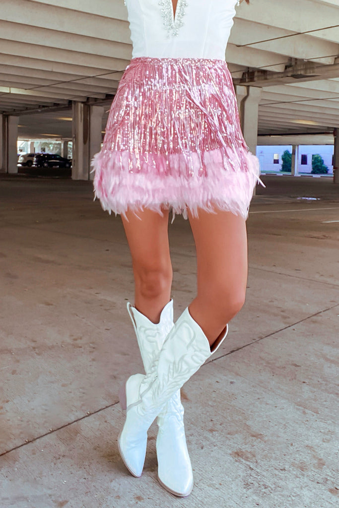 Sequin Fringe Mini Skirt -Pink