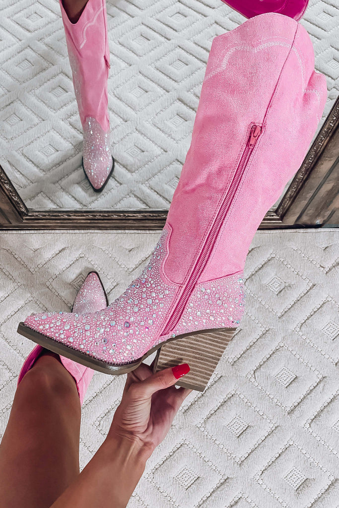 Presley Suede Rhinestone Boots -Pink