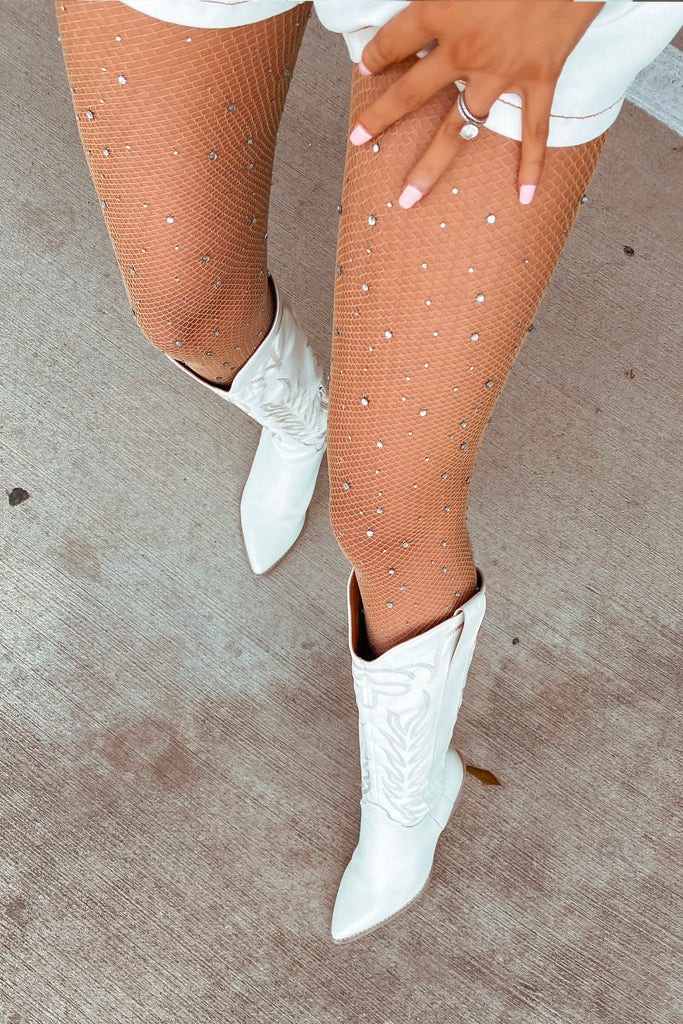 Cool Girl Rhinestone Stocking -Beige